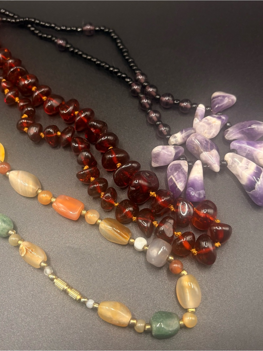 Natural Stone Necklace Lot Agate Amethyst Amber Beaded Statement 3 Pc